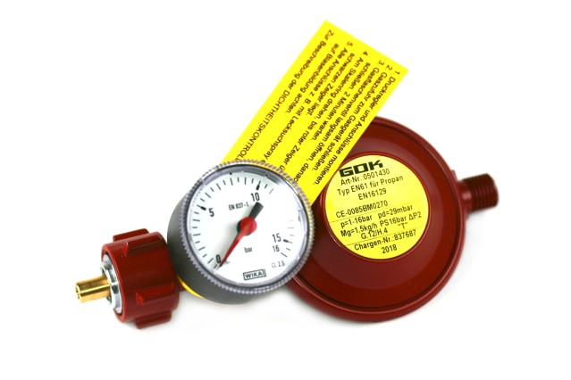 GOK Gasdruckregler  29 (30) mbar 1,5kg/h G.12 -> G 1/4“ LH mit Manometer