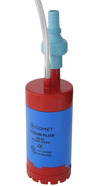 COMET bomba sumergible OCEAN-PLUS 12 V, cable de 1,0 m, Ø 48 mm, válvula antirretorno con boquilla de purga de aire 10 mm y filtro