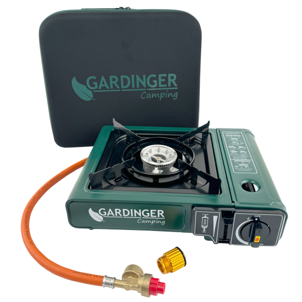 GARDINGER Allgas Campingkocher mit Piezozündung + Adapter-Schlauch + hochwertiger Koffer