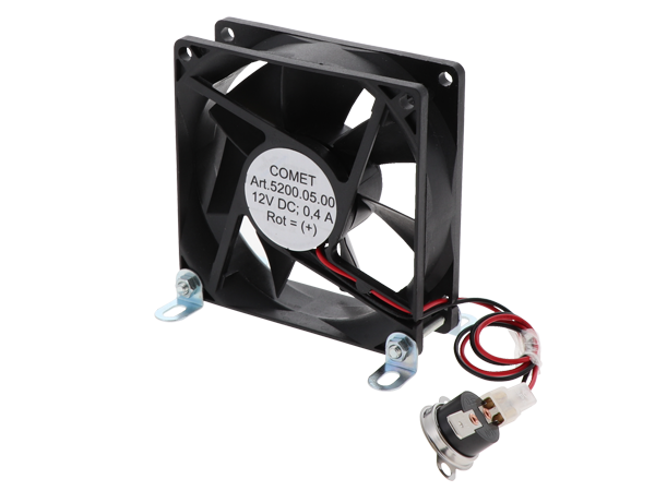 COMET ventilatore da frigorifero 12 V nero, 80 x 80 mm, termostato e supporto