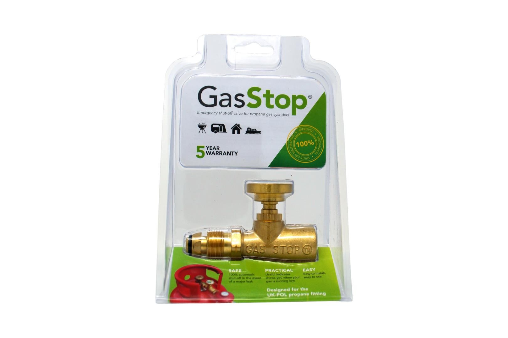 GasStop emergency shut-off valve for gas cylinders UK POL LH for UK