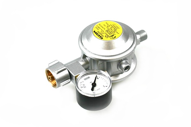GOK BasicOne Gasdruckregler 30mbar mit Prüfventil - 1,5 kg/h G.12 -> G 1/4 LH mit Manometer