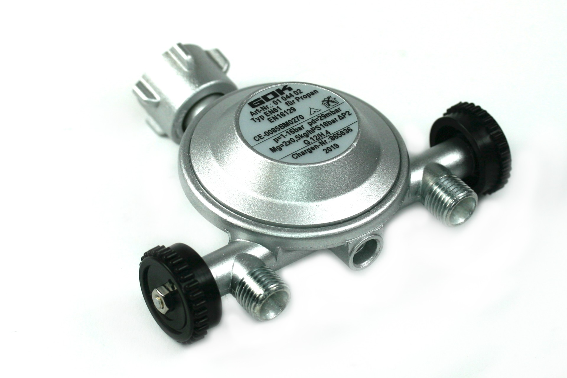 GOK Gasdruckregler EN61 - 1kg/h 29mbar mit 2 Abgängen G.12 -> G 1/4‘‘ LH