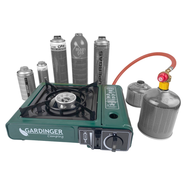 GARDINGER Allgas Campingkocher mit Piezozündung + Adapter-Schlauch + hochwertiger Koffer