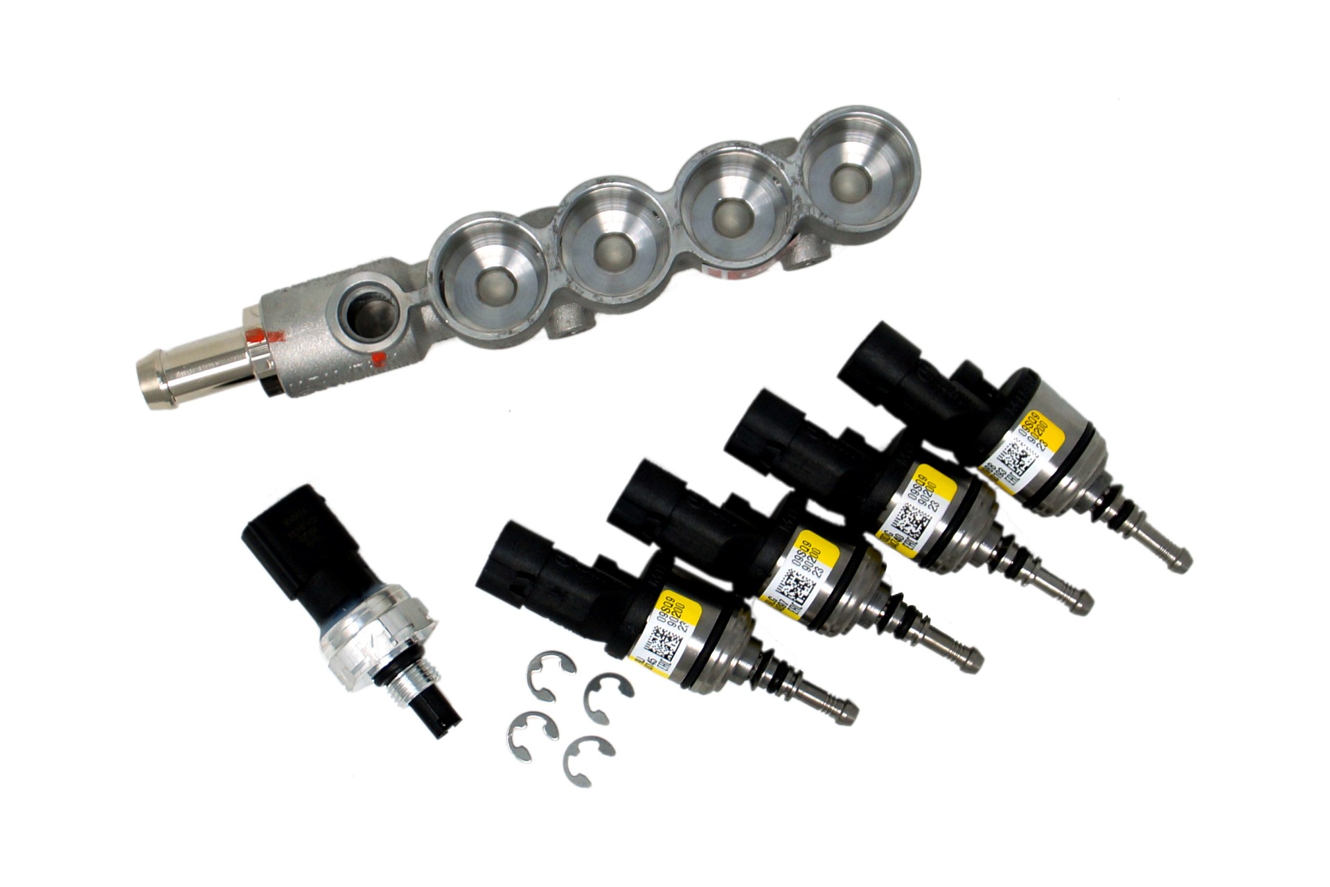 BRC 4 cylinder injector rail IN03 MY09 incl. pressure sensor, yellow