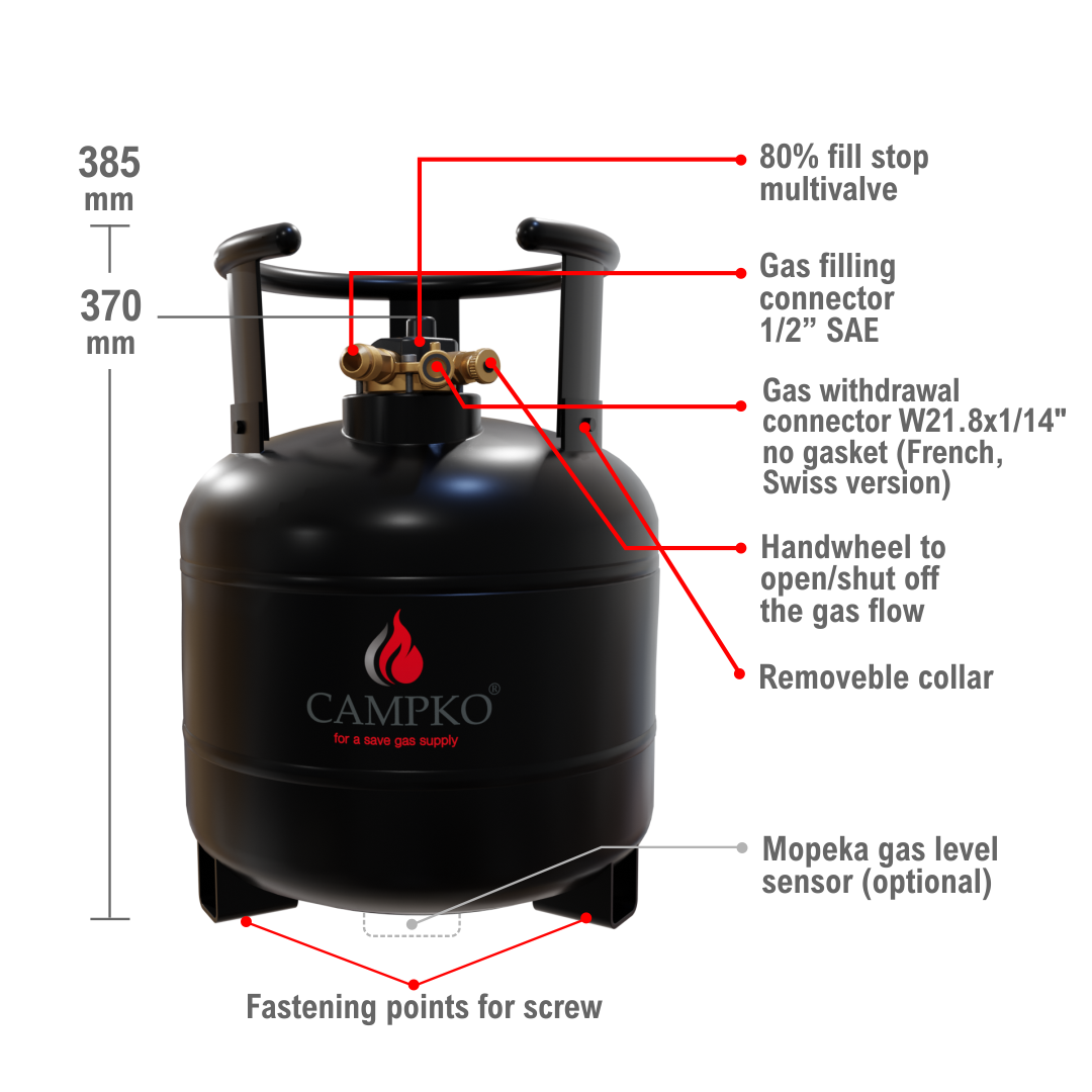 CAMPKO refillable gas bottle 15 litres with 80% multivalve (FR, CH)