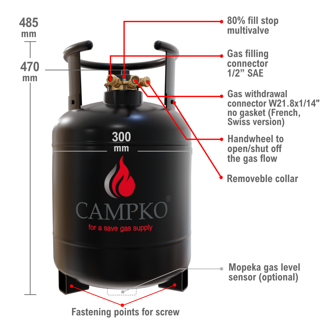 CAMPKO refillable gas bottle 22 litres with 80% multivalve (FR, CH)