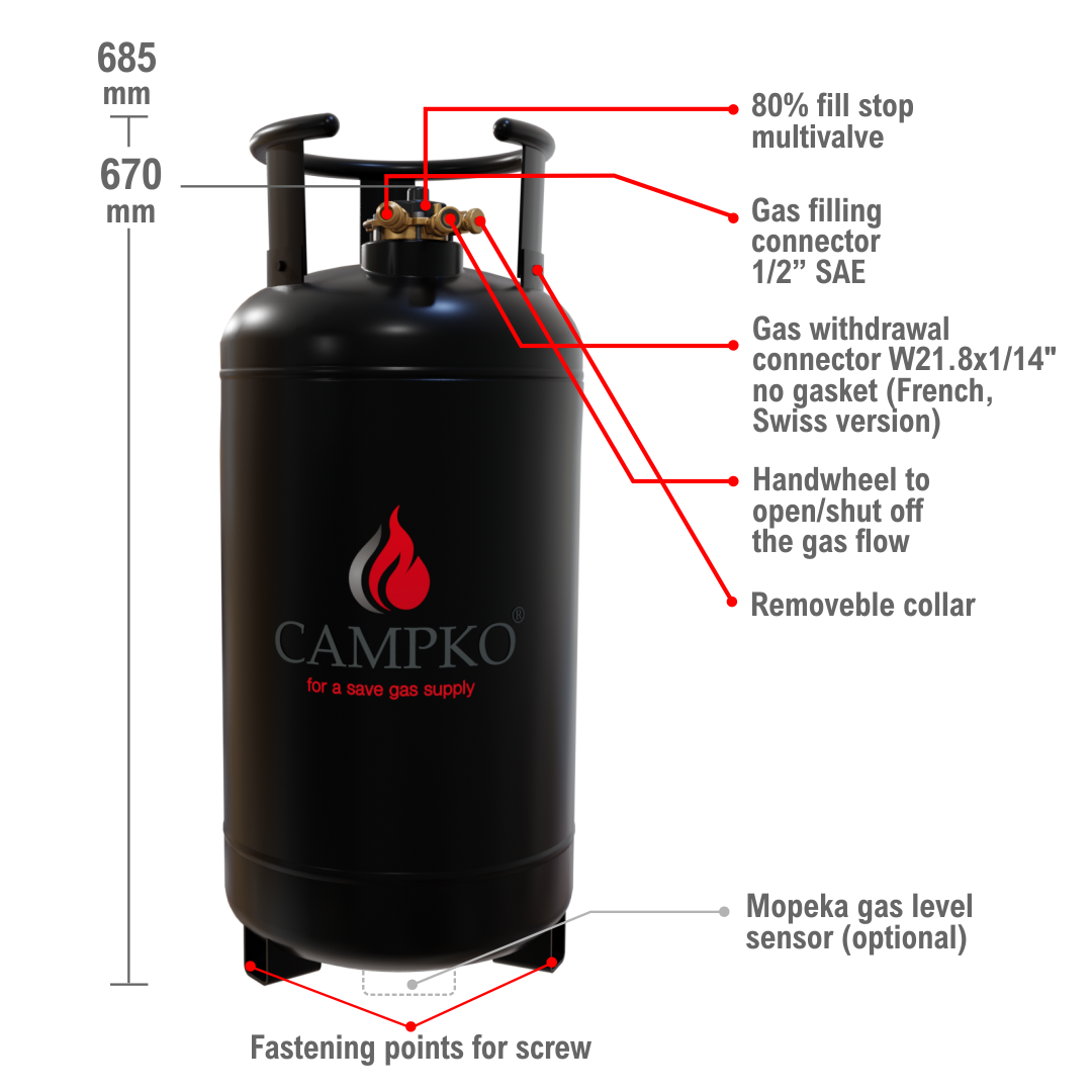 CAMPKO refillable gas bottle 36 litres with 80% multivalve (FR, CH)