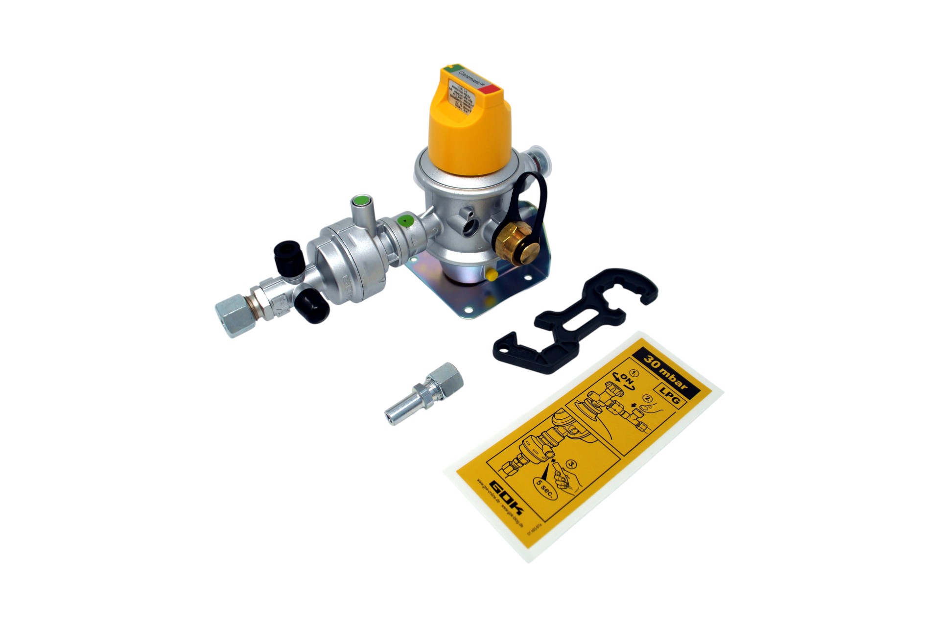 GOK Gasdruckregler Caramatic DriveTwo CS 30 mbar 1,5 kg/h – 2 x G.13 -> Rohrverschraubung 10mm – 8mm