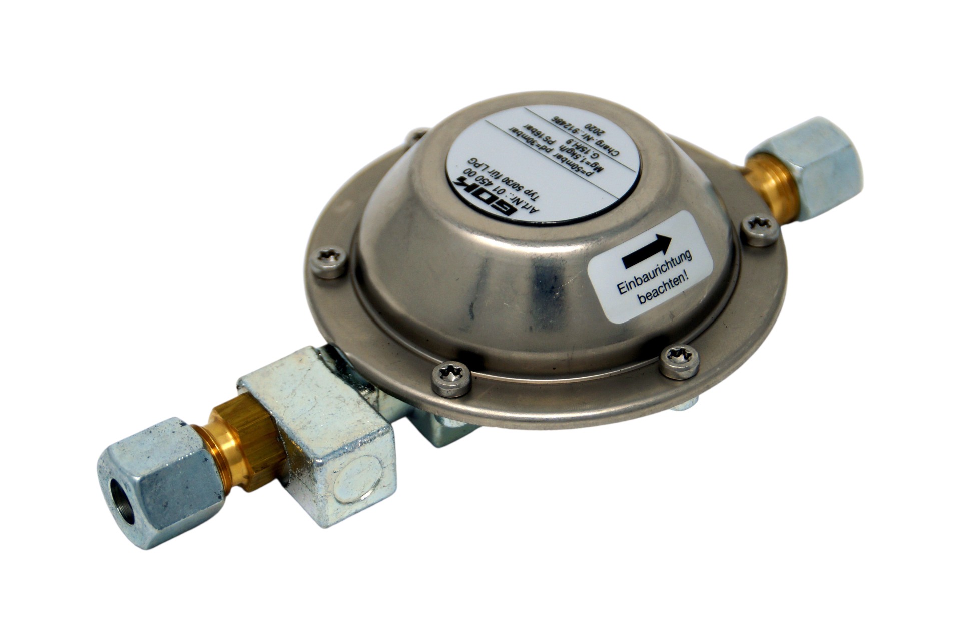 GOK low pressure regulator 50 mbar ->30 mbar 1,5 kg/h 2 x RVS 8 mm