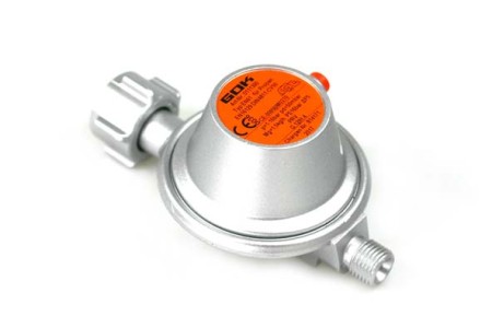 GOK regolatore di bassa pressione 50 mbar 1,5 kg/h - per bombole piccole incl. valvola di sicurezza