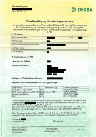 LANDI RENZO Einzel-Abgas-Bestätigung / R115 (Fremdgutachten)