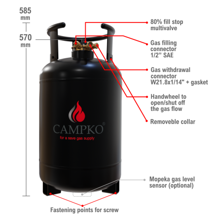 CAMPKO cilindro de gas, botella de GLP recargable 30 L con multiválvula (DE)