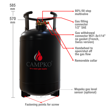 CAMPKO bouteille GPL rechargeable 30 litres avec 80% polyvanne (FR, CH)