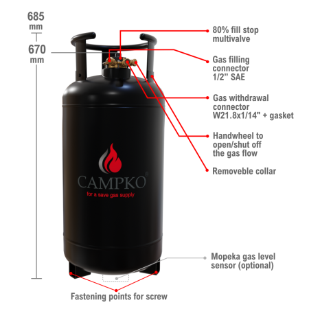 CAMPKO cilindro de gas, botella de GLP recargable 36 L con multiválvula (DE)