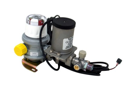 Cavagna 2 Flaschen Gasdruckregler Multimatik 30 mbar 1,5 kg/h mit Magnet- und Prüfventil G.13 -> Rohrverschraubung 8mm  - 10 mm